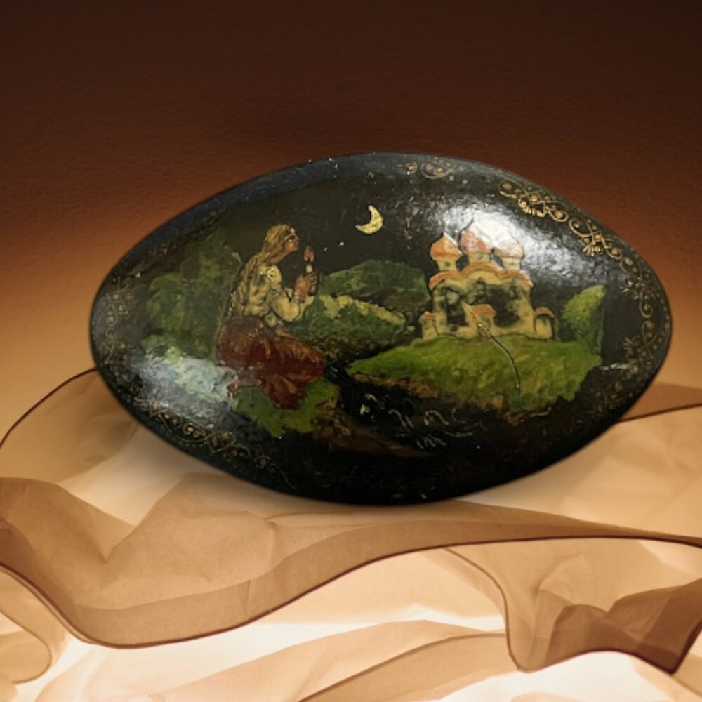 Vintage Russian Hand Painted Lacquer Brooch with Girl and Crescent Moon & Church